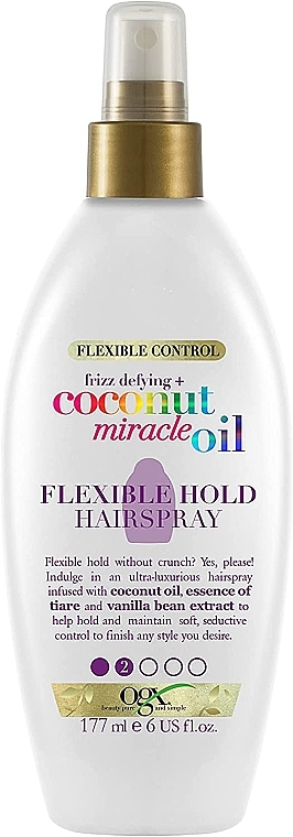 Лак-спрей для волосся гнучкої фіксації  - OGX Coconut Miracle Oil Flexible Hold Hairspray — фото N1