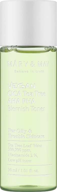 Тонер із центелою азіатською та чайним деревом - Mary & May Vegan Cica Tea Tree AHA PHA Toner (міні)