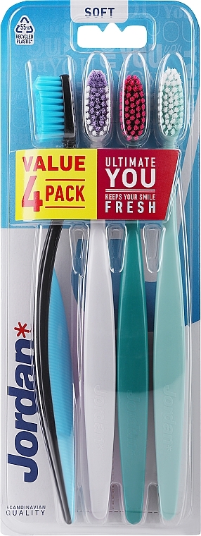 Зубная щетка мягкая, 4 шт., черно-голубая + серая + зеленая + мятная - Jordan Ultimate You Soft Toothbrush — фото N1