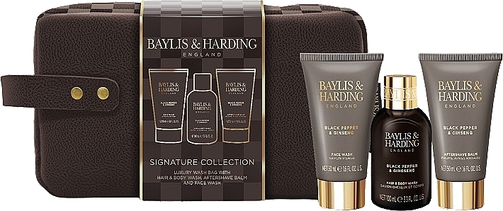 Набор - Baylis & Harding Black Pepper & Ginseng Men's Luxury Wash Bag Gift Set (shm/100ml + f/wash/50ml + ash/balm/50ml + bag/1pc) — фото N1