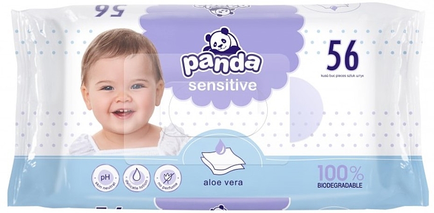 Серветки вологі з алое "Panda Sensitive", 56 шт. - Bella Baby — фото N1