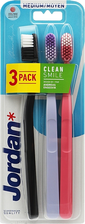 Зубна щітка, середня, чорна + бузкова + коралова - Jordan Clean Smile Medium — фото N1
