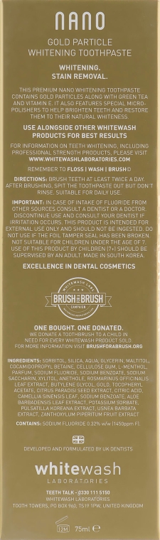 Зубная паста "Интенсивное отбеливание с частичками золота" - WhiteWash Laboratories Nano Gold Particle Whitening Toothpaste — фото N3