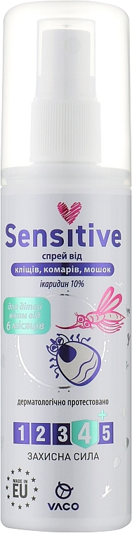 Спрей от насекомых, клещей и мошек с Icaridin 10% для детей от 6 месяцев - Vaco Sensitive — фото N1