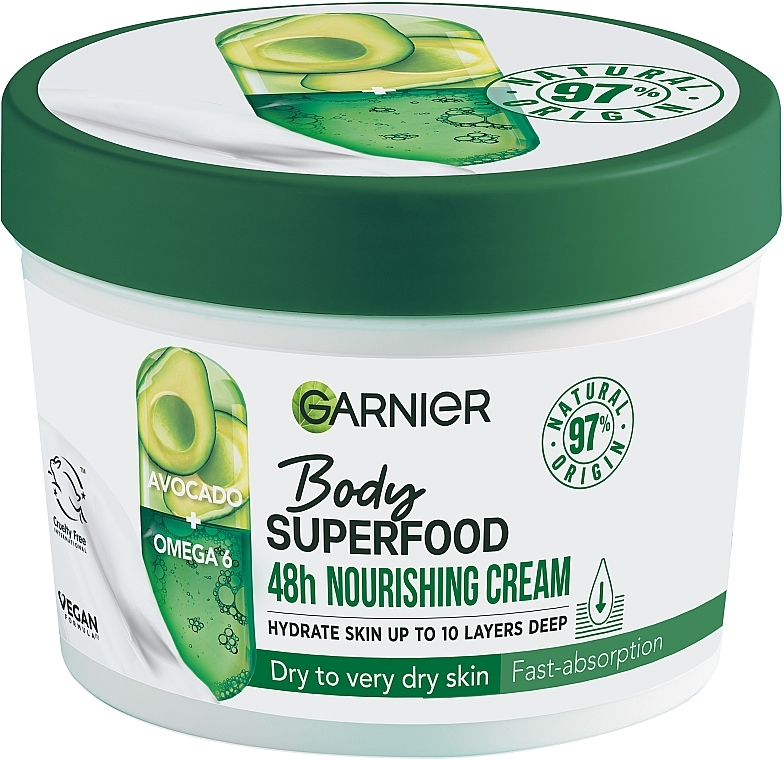 Живильний крем для тіла для сухої та дуже сухої шкіри - Garnier Body SuperFood Avocado Oil + Omega 6 Nourishing Cream