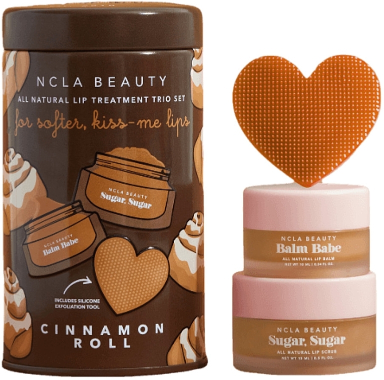 Набір - NCLA Beauty Cinnamon Roll Lip Set (l/balm/10ml + l/scrub/15ml + massager) — фото N1