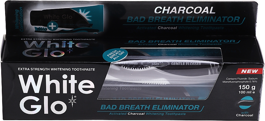 Набір "Свіже дихання" зі світло-сірою щіткою - White Glo Charcoal Bad Breath Eliminator (t/paste/100ml + t/brush/1) — фото N1