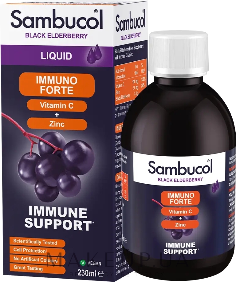 Сироп для иммунитета "Черная бузина + Витамин С + Цинк" - Sambucol Immuno Forte Liquid — фото 230ml