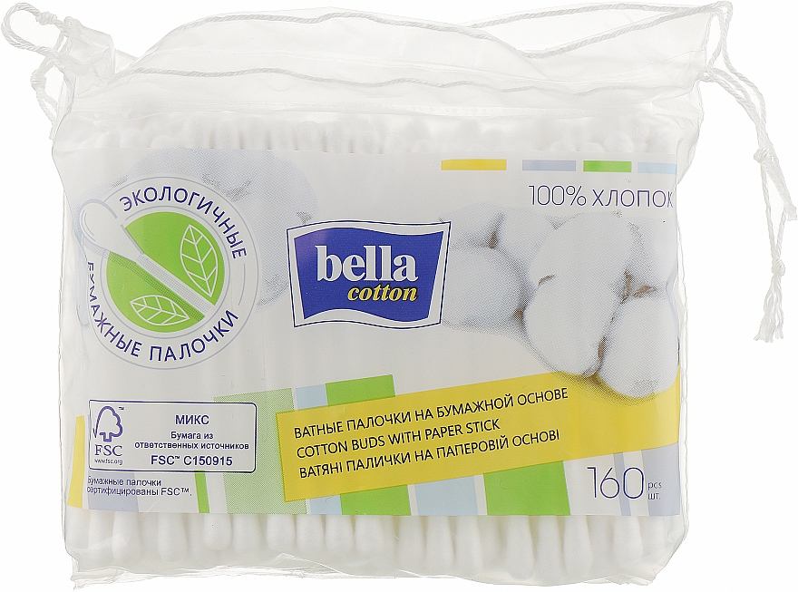 Ватные палочки на бумажной основе, в полиэтиленовой упаковке, 160 шт. - Bella Cotton — фото N1