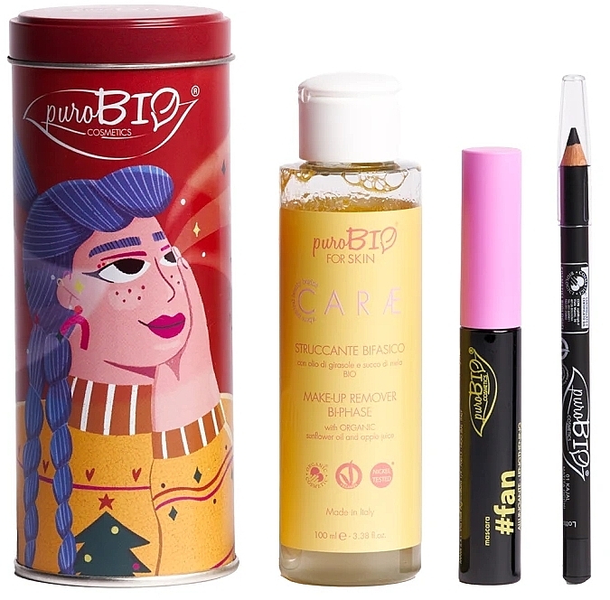 Набір - PuroBio Cosmetics Red Box Make-Up & Cleanser In A Set (mascara/8ml + eye/pencil/1.3g + remover/100ml) — фото N1