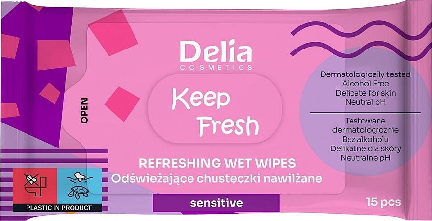 Влажные салфетки для чувствительной кожи, 15 шт. - Delia Keep Fresh Refreshing Wet Wipes Sensitive — фото N1