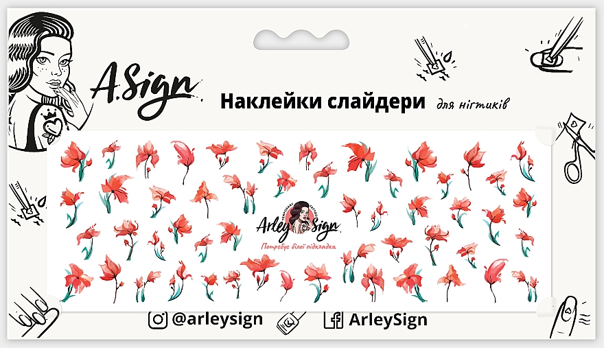 Наклейка-слайдер для ногтей "Красные цветы" - Arley Sign