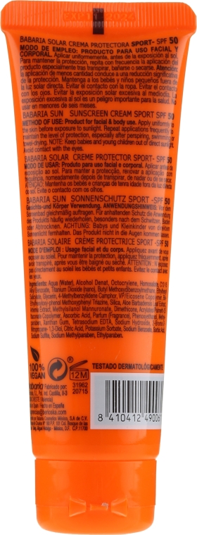 Солнцезащитный крем для лица - Babaria Sport Sunscreen Cream Spf 50 — фото N2