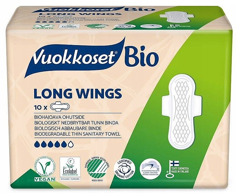 Гигиенические прокладки с крылышками, 10 шт. - Vuokkoset BIO Long Wings — фото N1