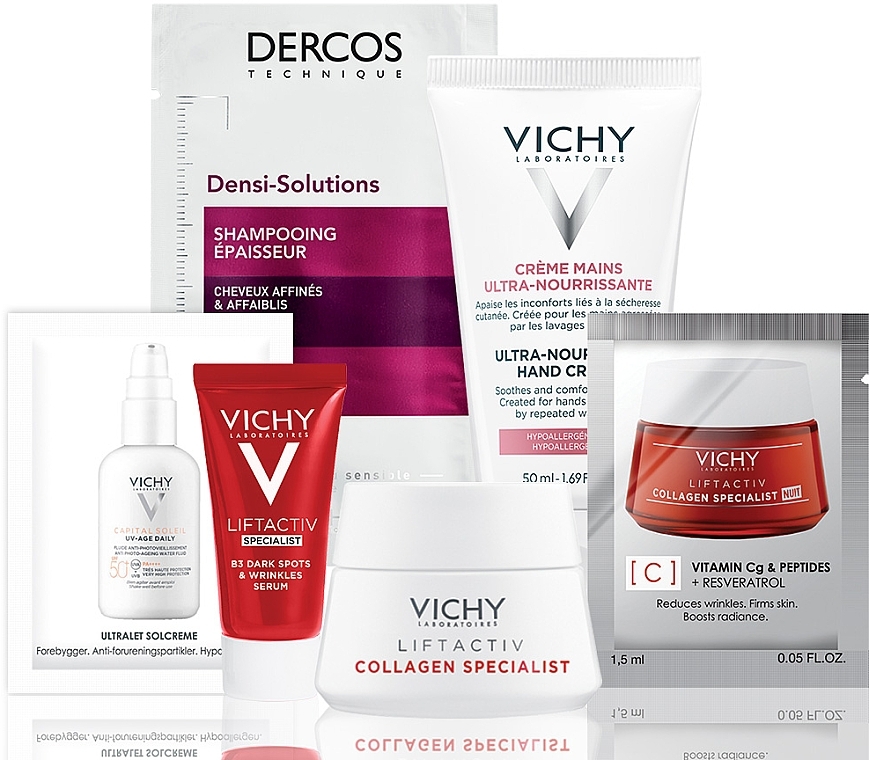 Набор дерматологических средств для ухода за кожей - Vichy LiftActiv Specialist (cr/15ml + cr/1.5ml + serum/4ml + cr/1.5ml + h/cr/50ml + shm/6ml + bag) — фото N2