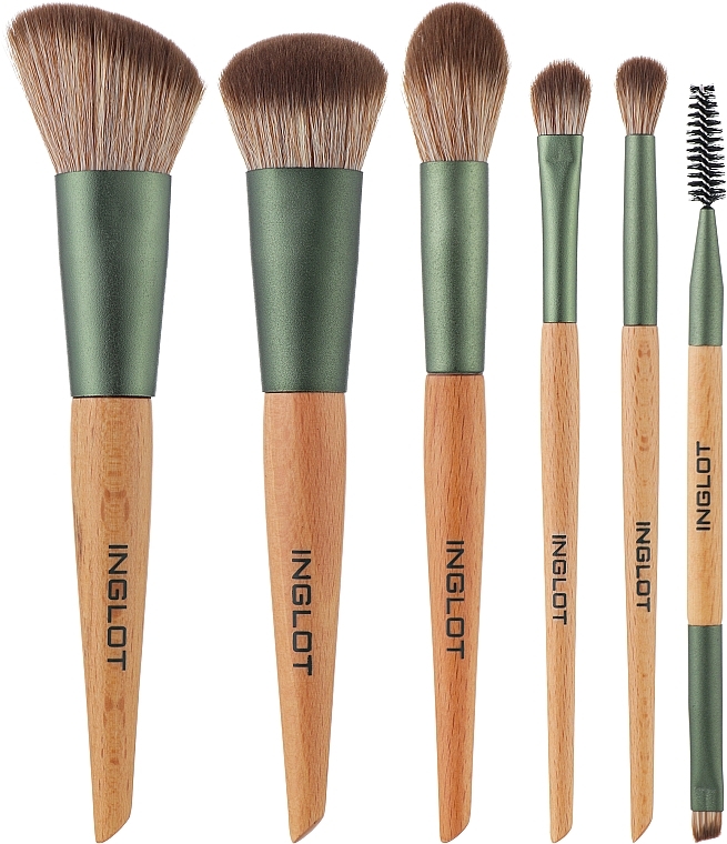 Набір пензлів для макіяжу, 6 шт., у зеленому футлярі-тубі - Inglot Green Brush Tube MekeUp Set — фото N1