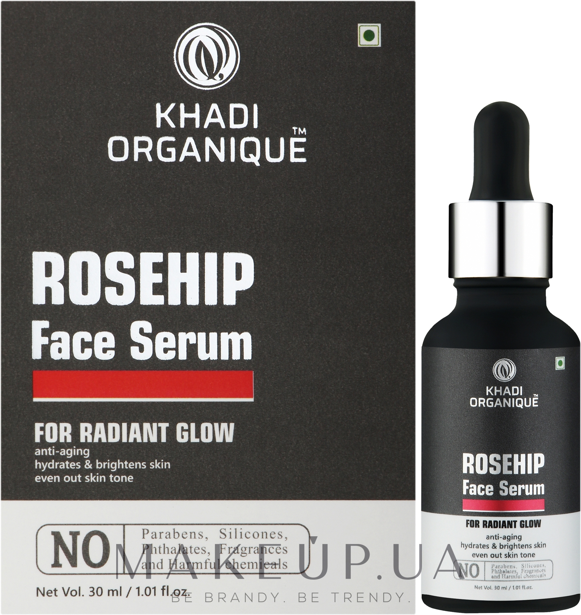 Тонизирующая увлажняющая сыворотка с маслом шиповника против морщин и пигментных пятен - Khadi Organique Rosehip Face Serum Repairs & Tones Skin — фото 30ml