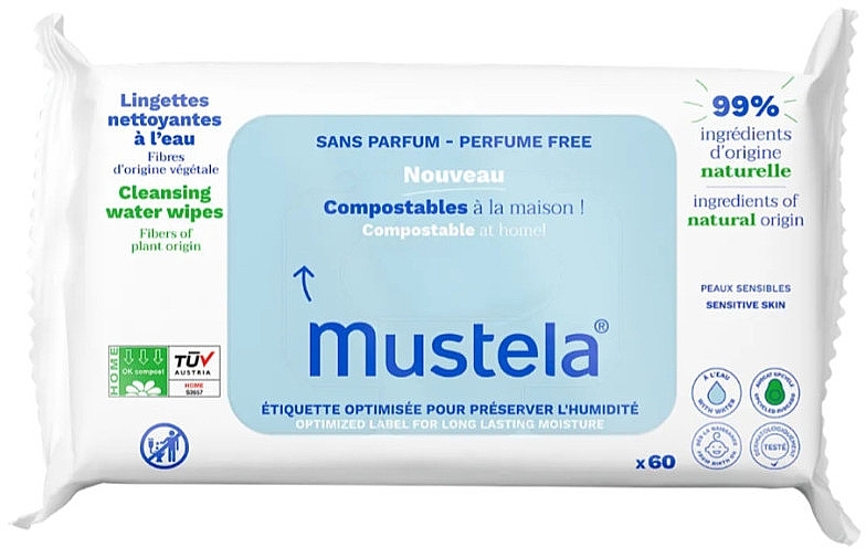 Очищающие салфетки для детей, без запаха - Mustela Compostable Unscented Cleansing Wipes — фото N1