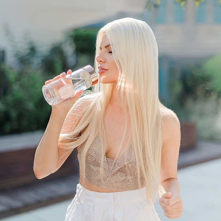 Скляна пляшка для води з рожевим кварцом і трубочкою, 400 мл - Crystallove Glass Water Bottle with Pink Quartz and Straw — фото N2