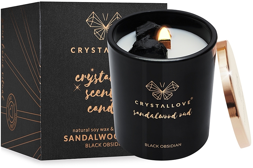 Соевая свеча с черным обсидианом и сандаловым удом - Crystallove Black Obsidian Soy Candle Sandalwood Oud — фото N1