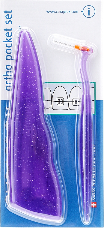 Набор "Ortho Pocket Set", фиолетовый - Curaprox (brushes 07,14,18/3pcs + UHS/1pcs + orthod/wax/1pcs + box) — фото N1
