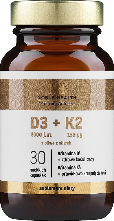 Пищевая добавка "D3 + K2 в оливковом масле", в капсулах - Noble Health D3 + K2 In Olive Oil — фото N1