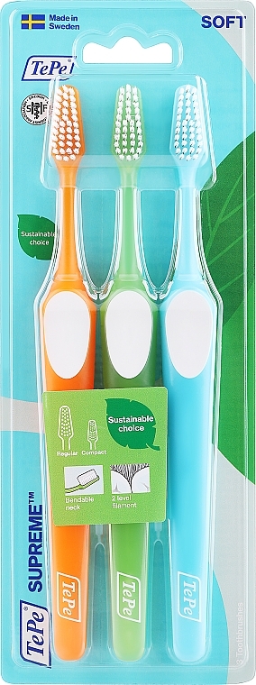 Набор зубных щеток, оранжевая + зеленая + голубая - Tepe Supreme Soft — фото N1