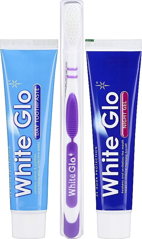 Набор с фиолетовой зубной щеткой - White Glo Night & Day Toothpaste (t/paste/65ml + t/gel/65ml + toothbrush) — фото N2