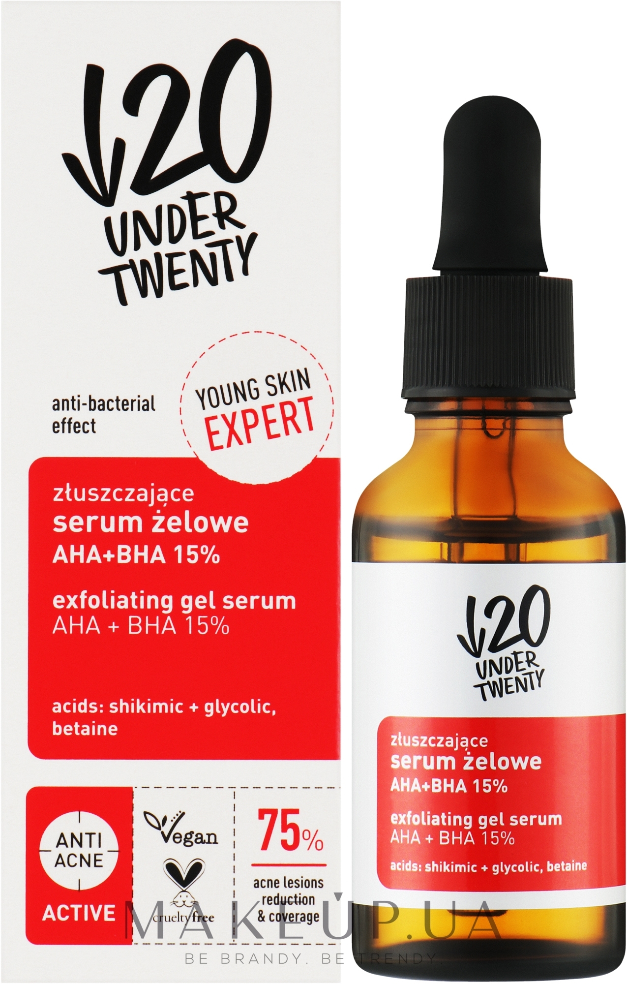 Гелевая сыворотка с отшелушивающим действием на основе кислот - Under Twenty Anti! Acne Exfoliating Gel Serum AHA + BHA 15% — фото 30ml