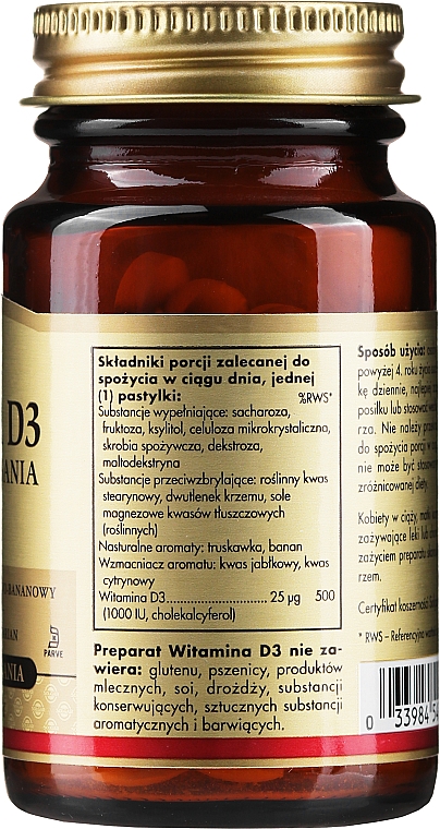 Харчова добавка  з полунично-банановим смаком "Вітамін D3", 25 мкг - Solgar Vitamin D3 1000 IU — фото N2