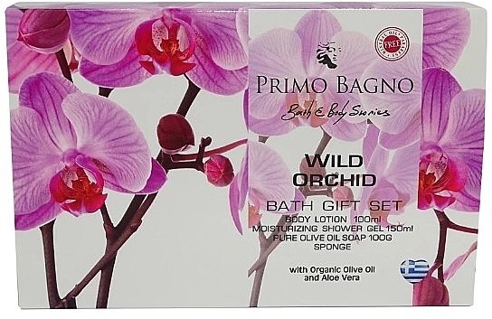 Набір - Primo Bagno Wild Orchid Bath Gift Set (sh/gel/150 ml + b/lot/100 ml + soap/100 g + sponge) — фото N1