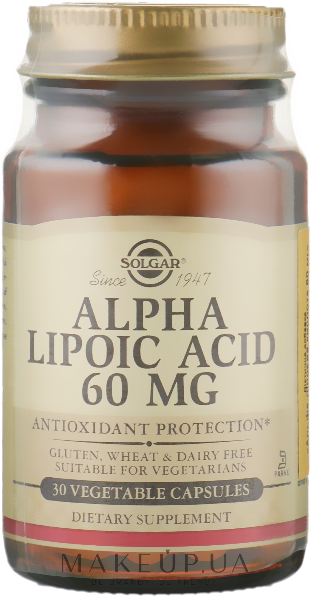 Харчова добавка "Альфа-ліпоєва кислота", капсули, 60 мг - Solgar Alpha Lipoic Acid — фото 30шт