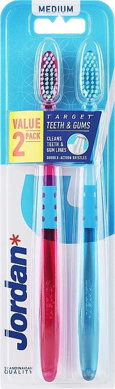 Зубная щетка средней жесткости, голубая + розовая без узоров - Jordan Target Teeth Toothbrush — фото N1