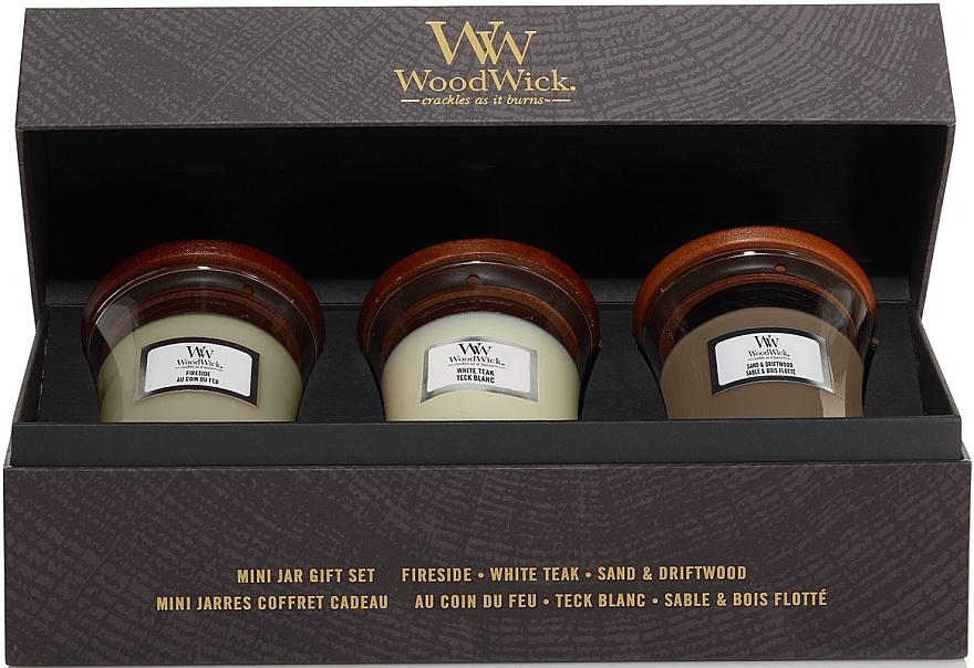 Набор - WoodWick 3 Mini Jar Set Fireside x White Teak x Sand & Driftwood (candle/3x85g) — фото N4