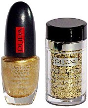 Духи, Парфюмерия, косметика Набор - Pupa Nail Art Mania Party Queen 001 Gold (nail/polish/5ml + nail/glitter/6g + brush)