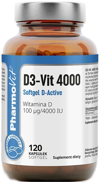 Пищевая добавка "D3-Vit 4000", капсулы - Pharmovit D3-Vit 4000 Softgel D-Active — фото N1