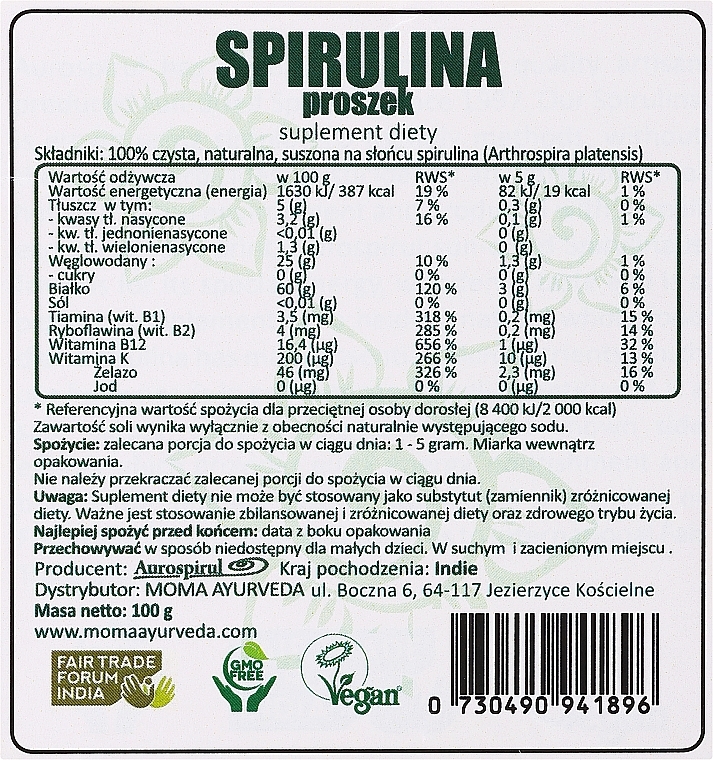 Харчова добавка, порошок "Спіруліна" - Moma Aurospirul Spirulina Powder — фото N2