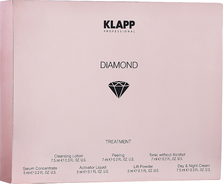 Набор мини-продуктов по уходу за лицом - Klapp Diamond Treatment (f/lot/7.5ml + f/peel/7ml + f/ton/7ml + f/ser/5ml + mask/act/3ml + mask/powder/3ml + f/cr/7.5ml) — фото N2