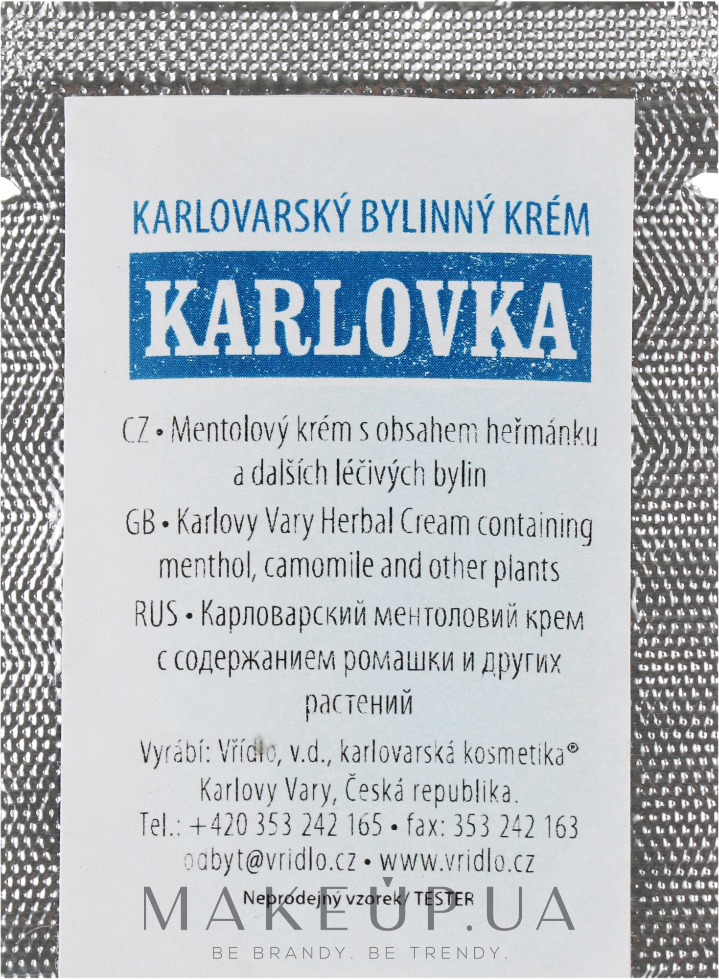 Крем для тіла з натуральним ментолом - Vridlo Карловарська косметика Karlovka (пробник) — фото 3ml