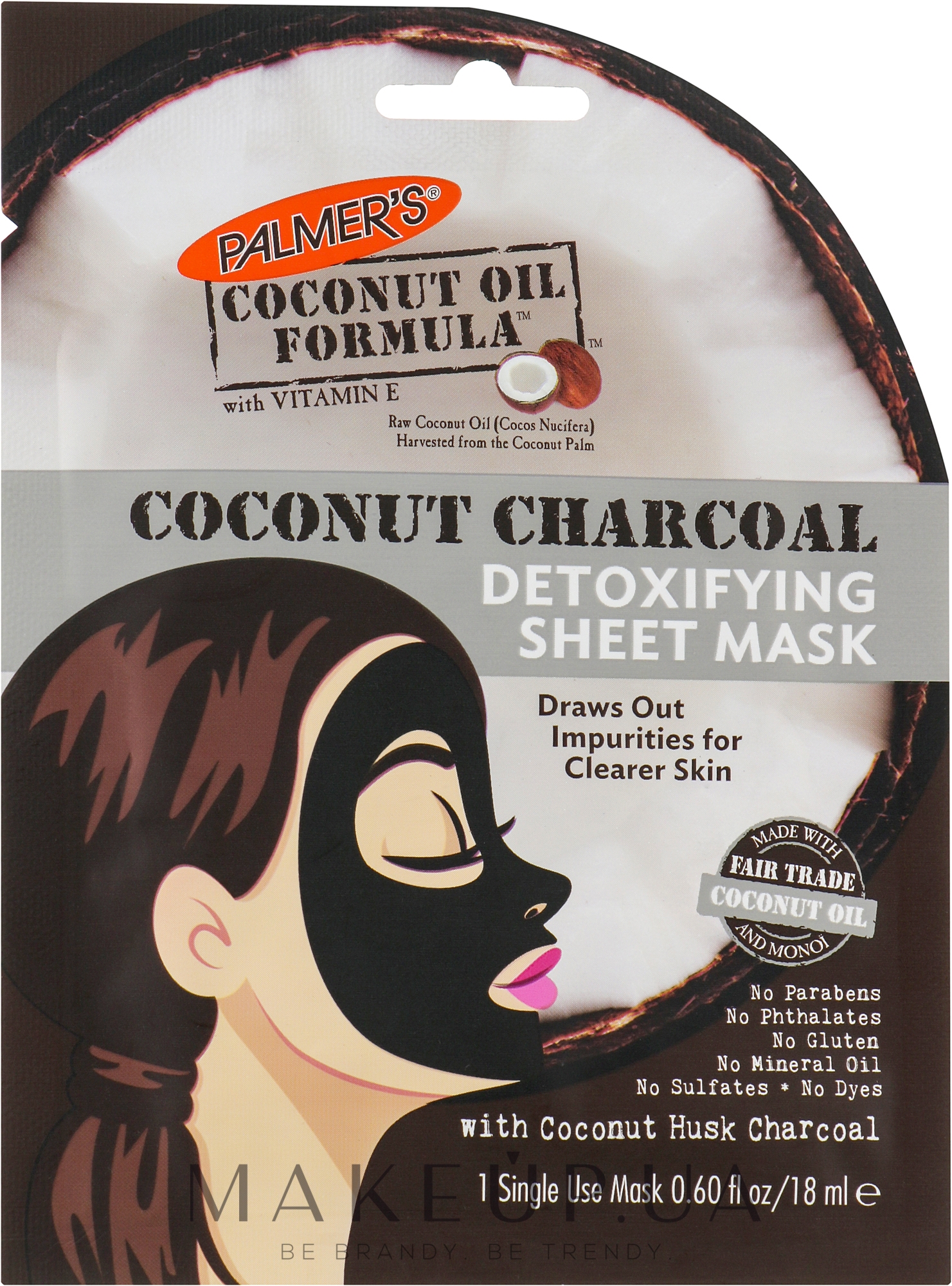 Детоксикувальна тканинна маска для обличчя - Palmer's Coconut Oil Formula Coconut Charcoal Detoxifying Sheet Mask — фото 18ml