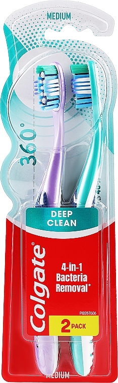 Зубная щетка "Суперчистота всей ротовой полости" с очистителем для языка и щек многофункциональная 1+1, фиолетовая + бирюзовая - Colgate 360 — фото N1