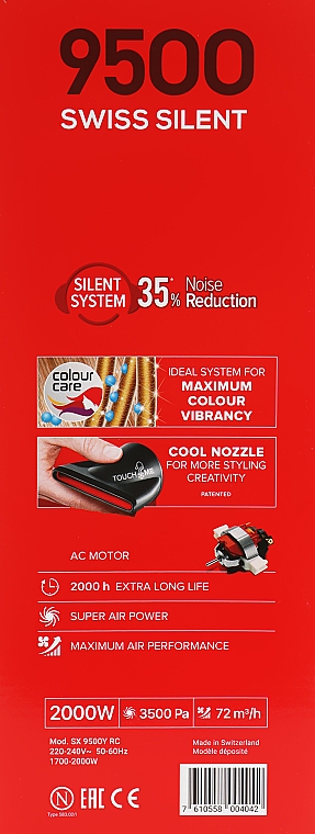 Професіональний фен для волосся SX9500YRC, червоний  - Valera Swiss Silent 9500 Ionic Rotocord — фото N4