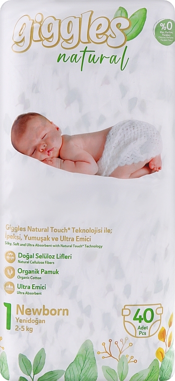 Підгузки дитячі Natural 1 Newborn (2-5 кг), 40 шт. - Giggles — фото N1