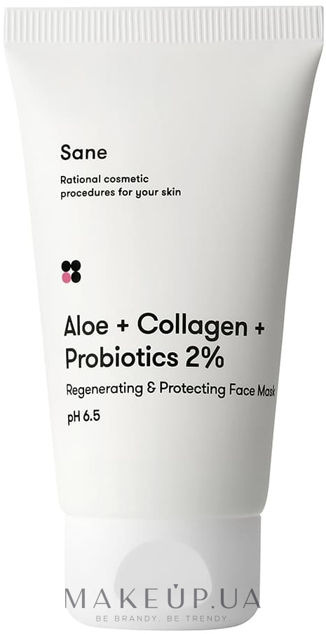 Маска для обличчя з алое - Sane Aloe + Collagen + Probiotics 2% Regenerating & Protecting Face Mask — фото 75ml