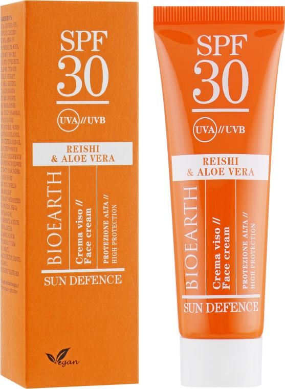 Сонцезахисний крем для обличчя з рейші та алое вера SPF30 - Bioearth Sun Defence Reishi & Aloe Vera