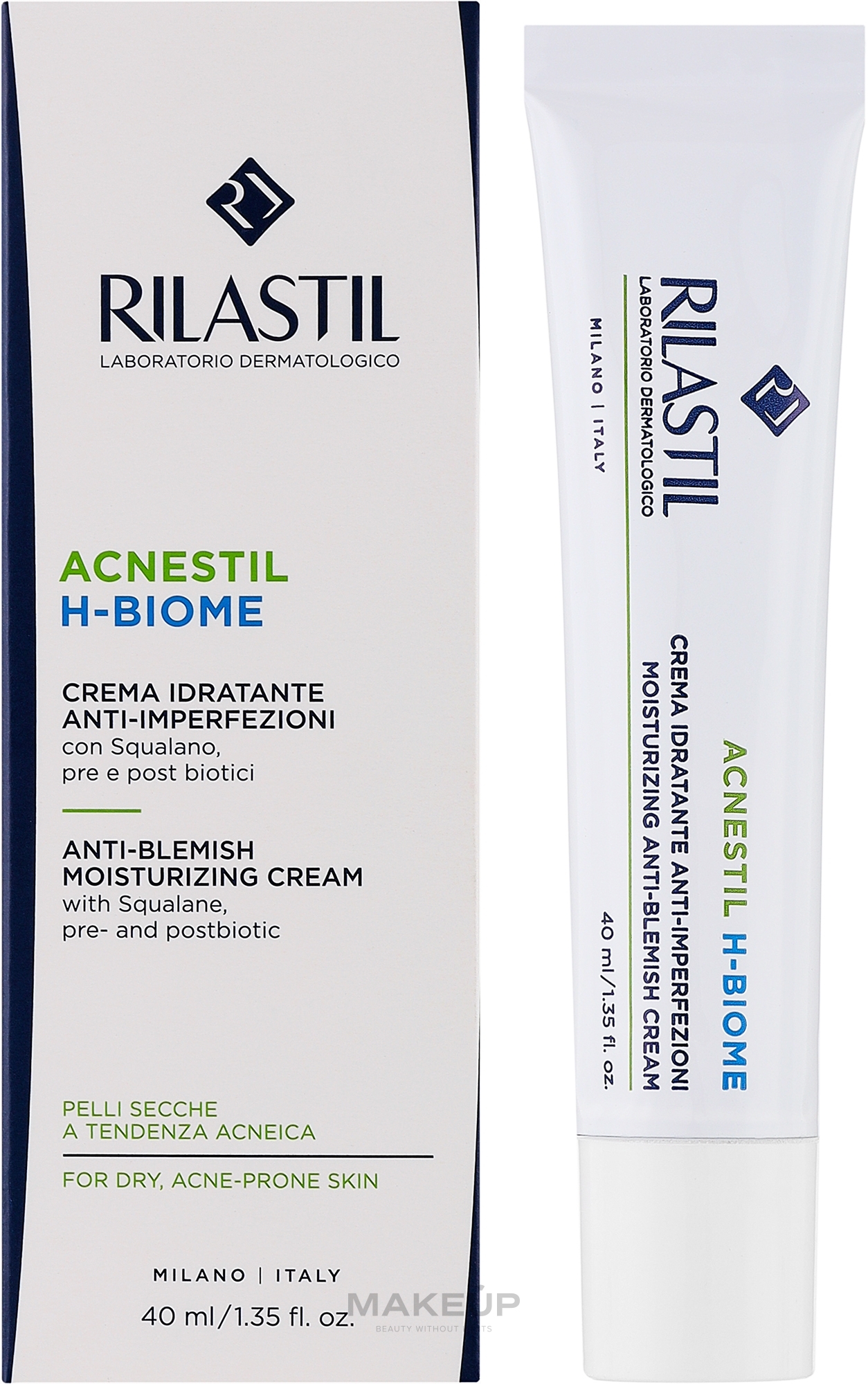 Зволожувальний крем для шкіри з акне зі скваланом, пре- та постбіотиками - Rilastil Acnestil H-Biome — фото 40ml