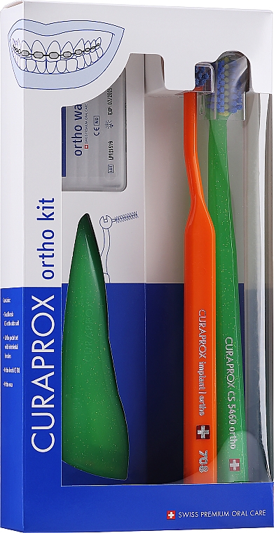 Набор, вариант 25 (салатовый, оранжевый) - Curaprox Ortho Kit (brush/1pcs + brushes 07,14,18/3pcs + UHS/1pcs + orthod/wax/1pcs + box) — фото N1