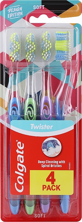 Набор мягких зубных щеток, 4 шт., синяя + салатовая + сиреневая + синяя - Colgate Twister Design Edition Soft Toothbrush — фото N1