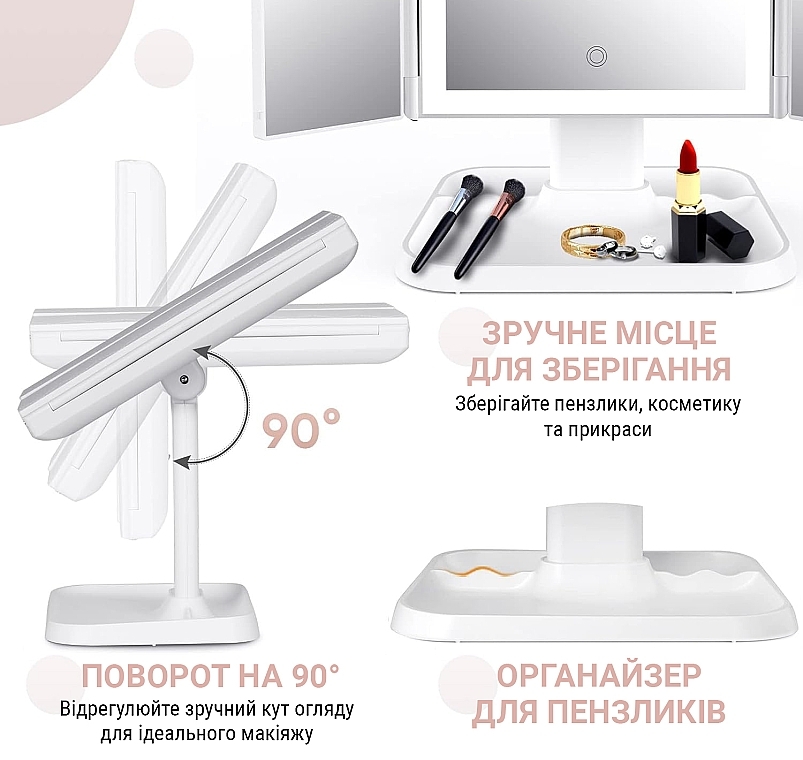 Дзеркало для макіяжу з LED підсвіткою і акумулятором, біле - Aimed Makeup Mirror 360 — фото N4
