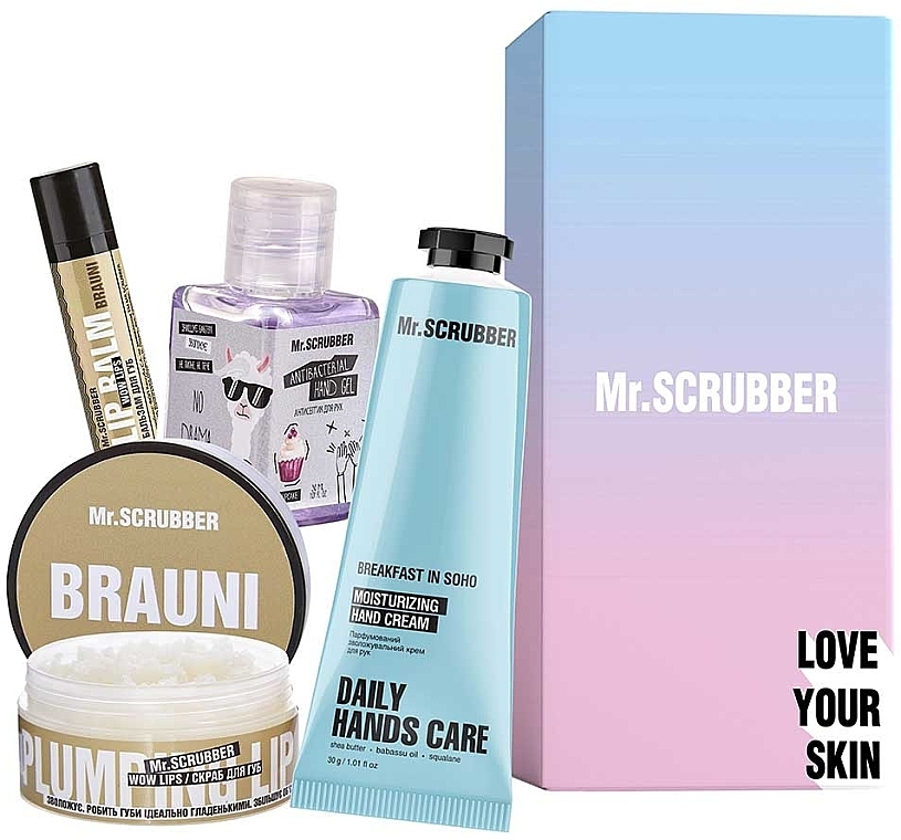 Набор - Mr.Scrubber Sweet Brauni (lip/balm/5g + lip/scrub/50ml + h/cr/30ml + sanitizer/30ml) — фото N1
